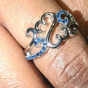 925 Sterling silver Double Open Hearts Sapphire Accent Bybass Ring Sz 6